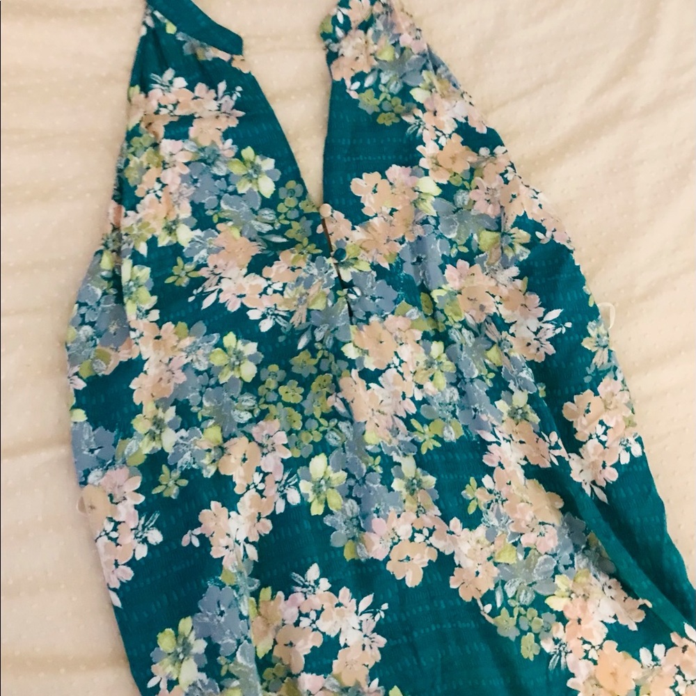 Blue green with pink floral print casual halterdress